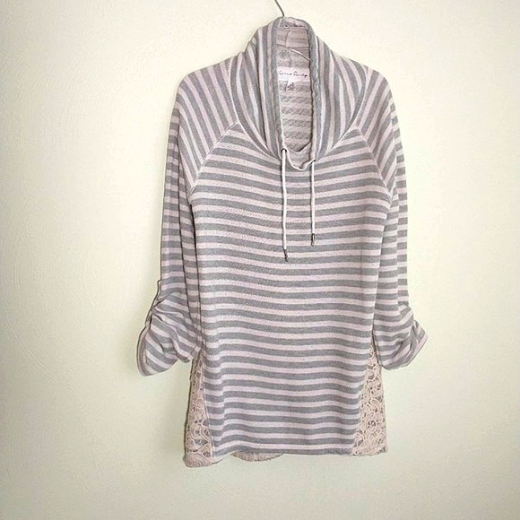 French Laundry Gray White Stripe Terry Longline Drawstring Neck Longsleeve top M - Picture 10 of 16